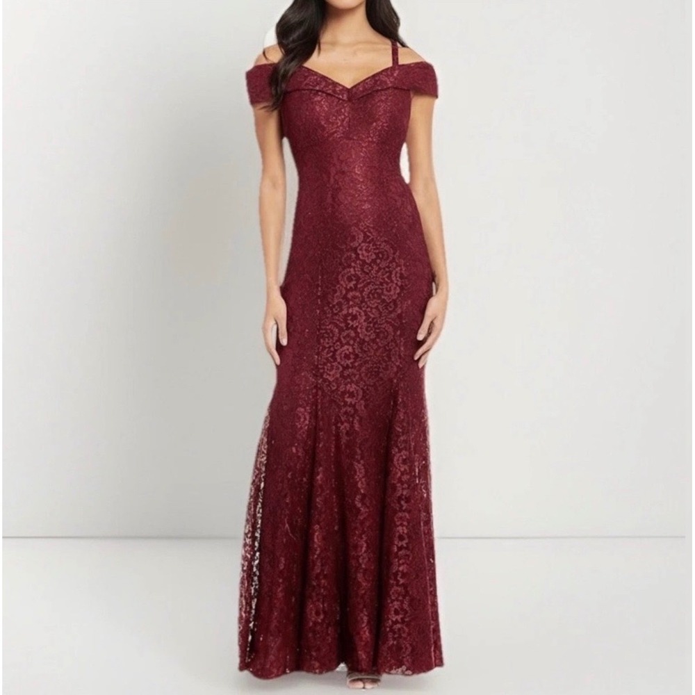 R&M Richards Off-The-Shoulder Cap Sleeve Lace Mermaid Gown Crimson Red 8